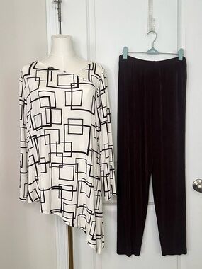 Chico's Women’s 2 Piece Slinky Top Sz 2P Brown Pants (fair) Sz 3 Travel Career